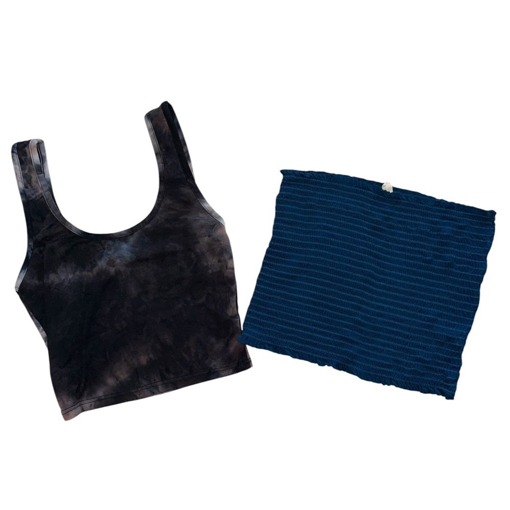 Tie-Dye Navy & Pink Tank Top, Crop Dark Blue Ribbed Tube Top - Sold as Set
